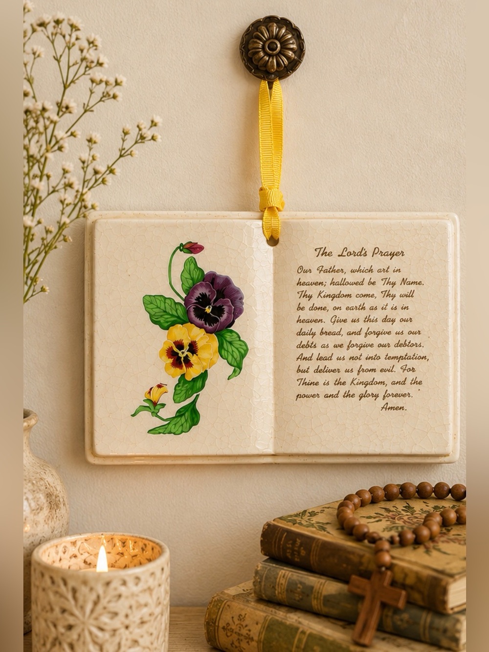 Vintage Lord’s Prayer Ceramic Wall‎ Plaque Pansy Floral Hanging Decor